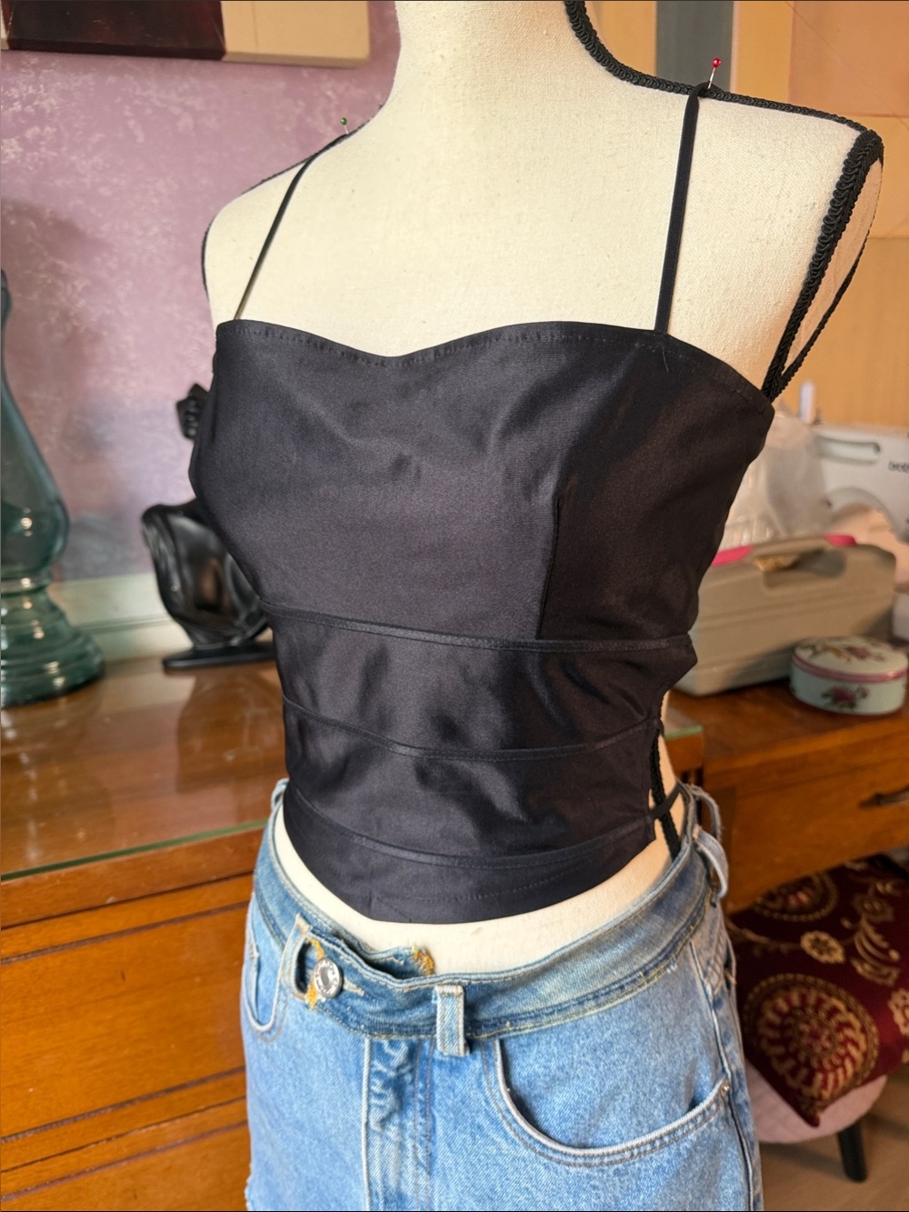 Gorgette SZ L Open Back Black Spaghetti-Strap Camisole